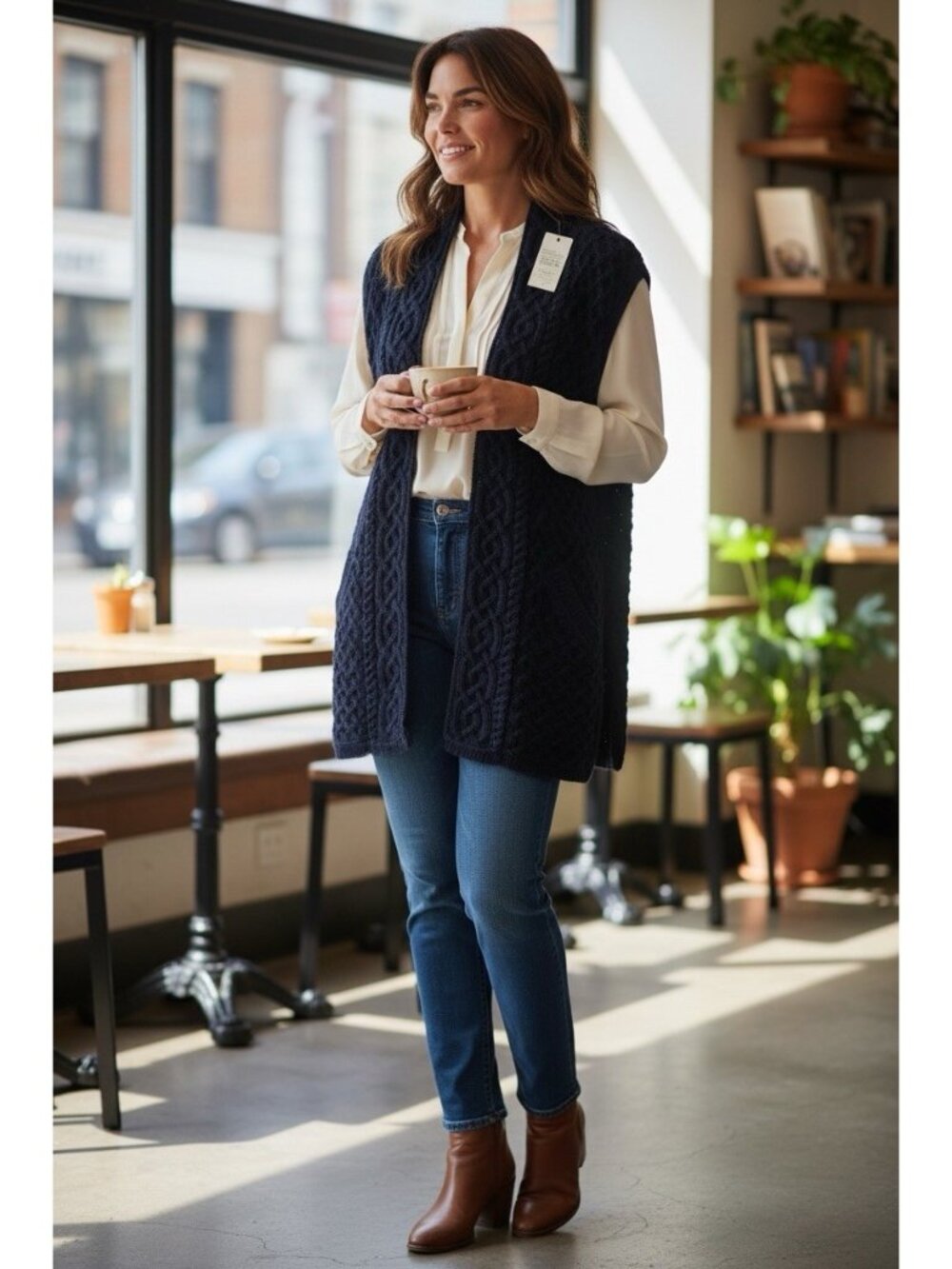 Aran Crafts Ireland Dark Blue Cable Knit Sweater Vest Shawl Collar Womens XL